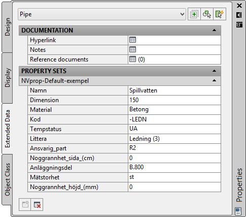Property data set: Välj Property Set som definierar vilka egenskaper som ska läggas på objekt. Om listan är tom så finns inget set i ritningen.