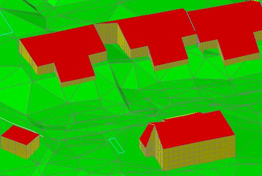 Bygg hus Skapar hus från 3D-polylines för takhöjd som extruderas mot en terrängmodell (Surface) Kommando: NVCREATEHOUSE Funktionen letar efter polylines på valda lager (eller valda objekt) och