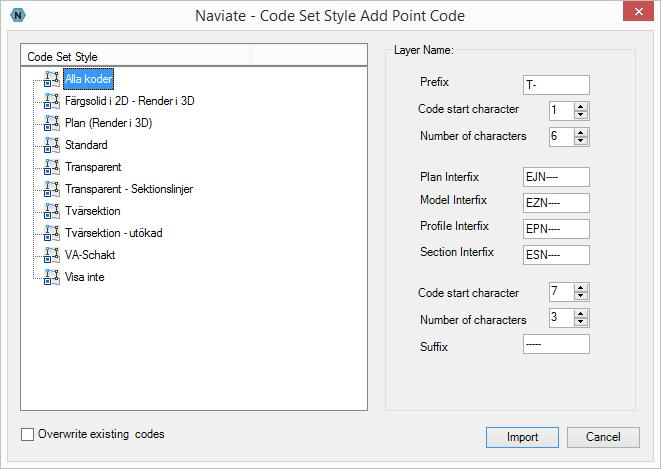 Code Set Style: Välj den Code Set Styles som koderna ska skapas för. Prefix: Ange tecken som lagernamnet ska börja med. Code start character: Ange från vilket tecken i punktkoden som text ska hämtas.