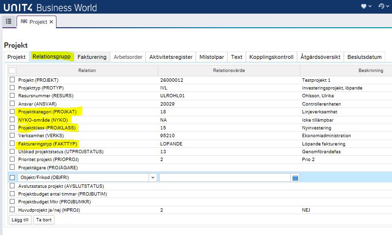 7 (17) Flik 2, Relationsgrupp: Nästa flik innehåller ett antal relationer man har möjlighet att koppla till projektet. Dessa relationer kan exempelvis användas vid uttag av olika typer av rapporter.
