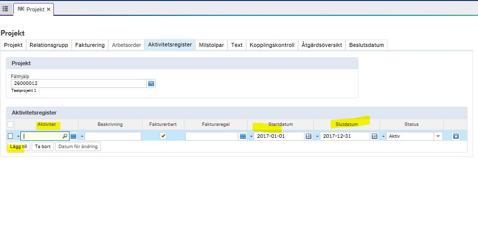 9 (17) Flik 4, Aktivitetsregister: Denna flik är aktuell för de projekt/uppdrag där tidrapportering ska ske.