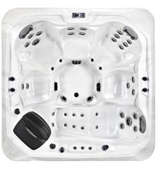 6 platser varav 1 liggsäte Mått: 223 * 223 * 94 cm, Volym: 1250 liter 2st 2,0 HP + cirk-pump 400W Rostfria jets: 49st