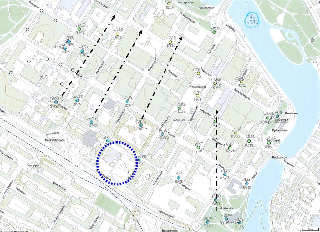11 (21) Norr och öster om fastigheten Valören 1 och 2 är grundvattennivåer mätta med hjälp av tryckgivare i grundvattenrör som är installerade i friktionsjorden.