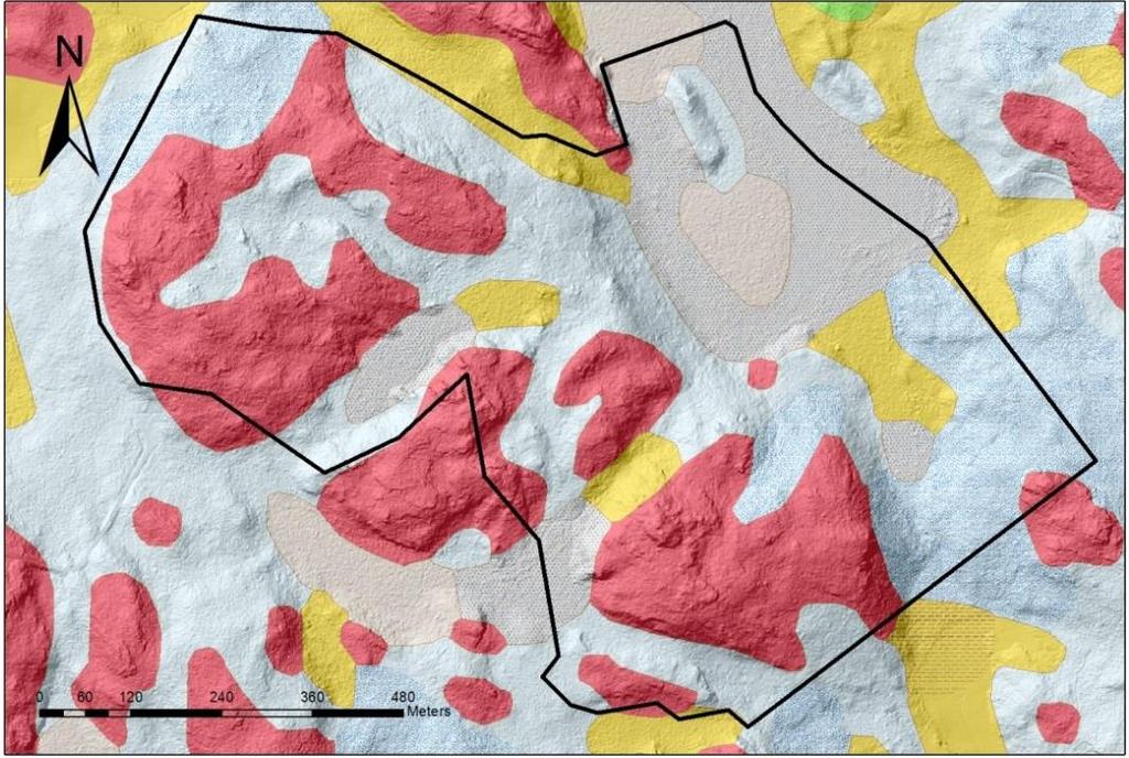 Geologiska bevarandevärden Höjdpartierna utgörs av hällmarker med berg i dagen eller endast ett tunt jordtäcke.