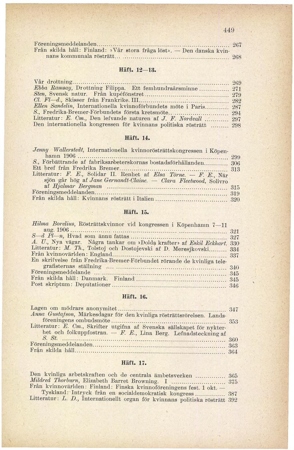 449 Föreningsmeddelanden... 267 Från skilda håll: Finland:»Vår stora fråga löst», Den danska kvinnans kommunala rösträtt... 268 Häft. 12 13. Vår drottning... 269 Ebba Ramsay, Drottning Filippa.