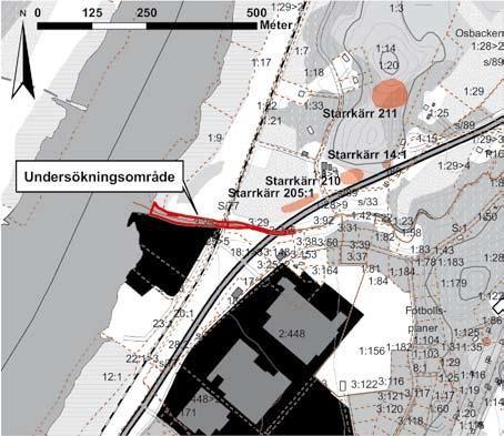 Marinarkeologisk inventering av Sköldån 7 Figur 3. Utsnitt ur GSD-Fastighetskartan, blad 7B 5f, med översikt över undersökningsområdet samt närliggande fornlämningar markerade. Skala 1:5 000.