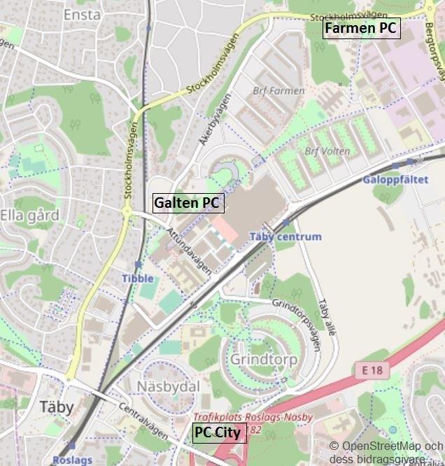 Kartbild över panncentralerna Galten, City och Farmen i centrala Täby 1.