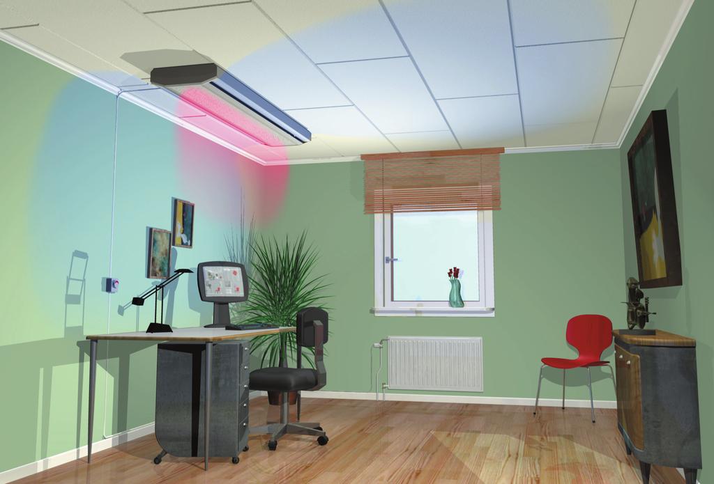 Rumsmiljö Ventilationsprincipen i Lindab är att den kylda eller värmda luften sprids ut över tak tills den når rummets väggar där den i viss mån förs ned i rummet.