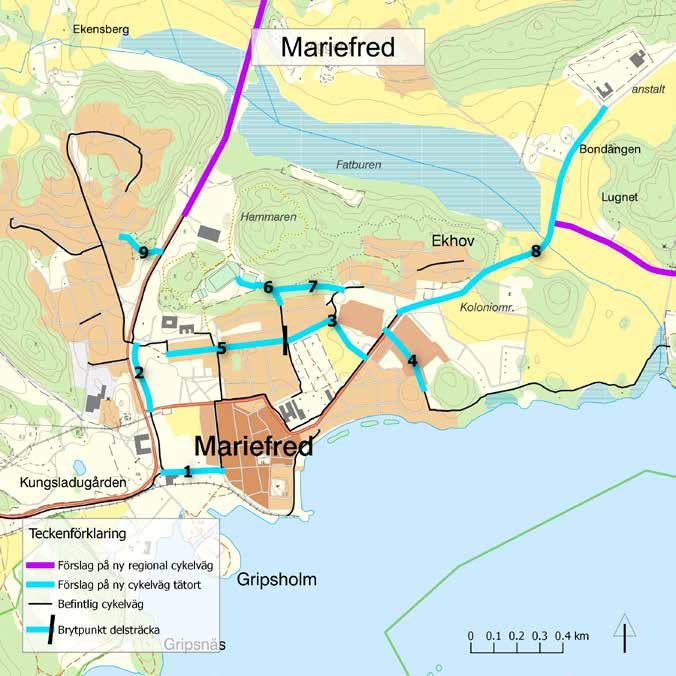 6.2 Mariefred Mariefreds behov av nya cykelvägar framgår av tabellen nedan och kartan. Cykelplan för Strängnäs kommun / 37 Objekt Längd Kostnad 1.