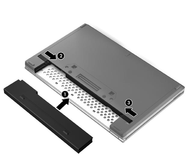 5 Underhåll Sätta i eller ta ut batteriet OBS! Mer information om hur du använder batteriet finns i Referenshandbok för HP Notebook. Så här sätter du i batteriet: 1.