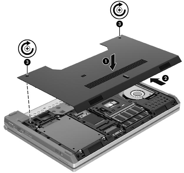 3. Skjut serviceluckan mot batterifacket (2) tills den knäpps på plats. 4.