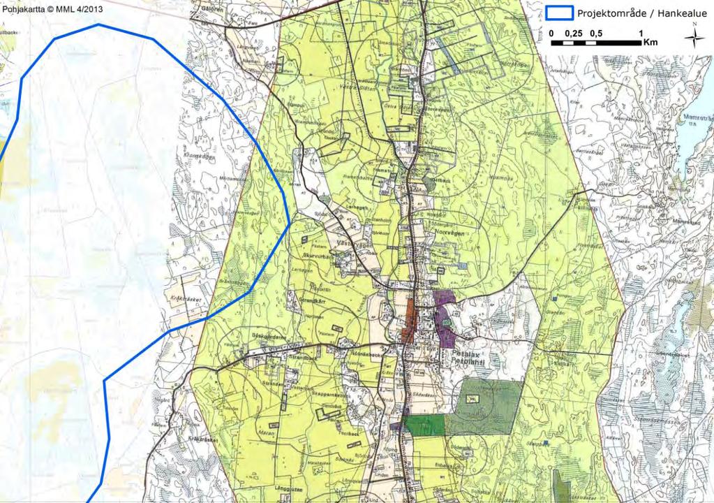 FCG DESIGN OCH PLANERING AB MILJÖKONSEKVENSBESKRIVNING 138 (263) Figur 17.5. Projektområdet i förhållande till Petalax Nyby generalplan.