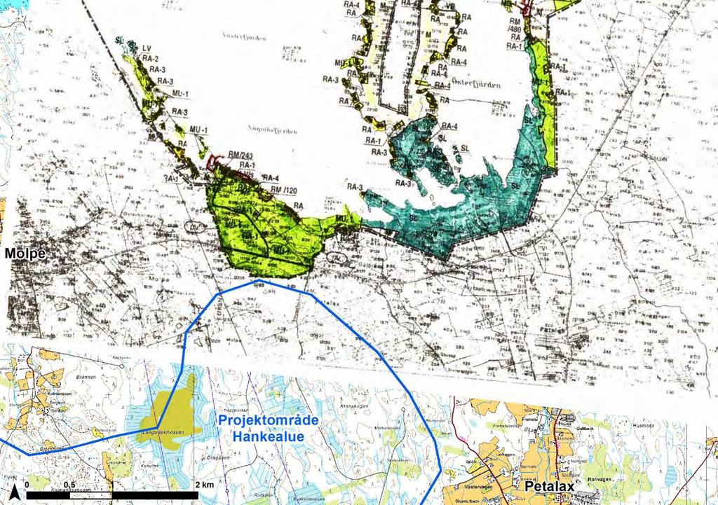 FCG DESIGN OCH PLANERING AB MILJÖKONSEKVENSBESKRIVNING 139 (263) Figur 17.6. Projektområdet i förhållande till Malax strandgeneralplan (1998/2005).