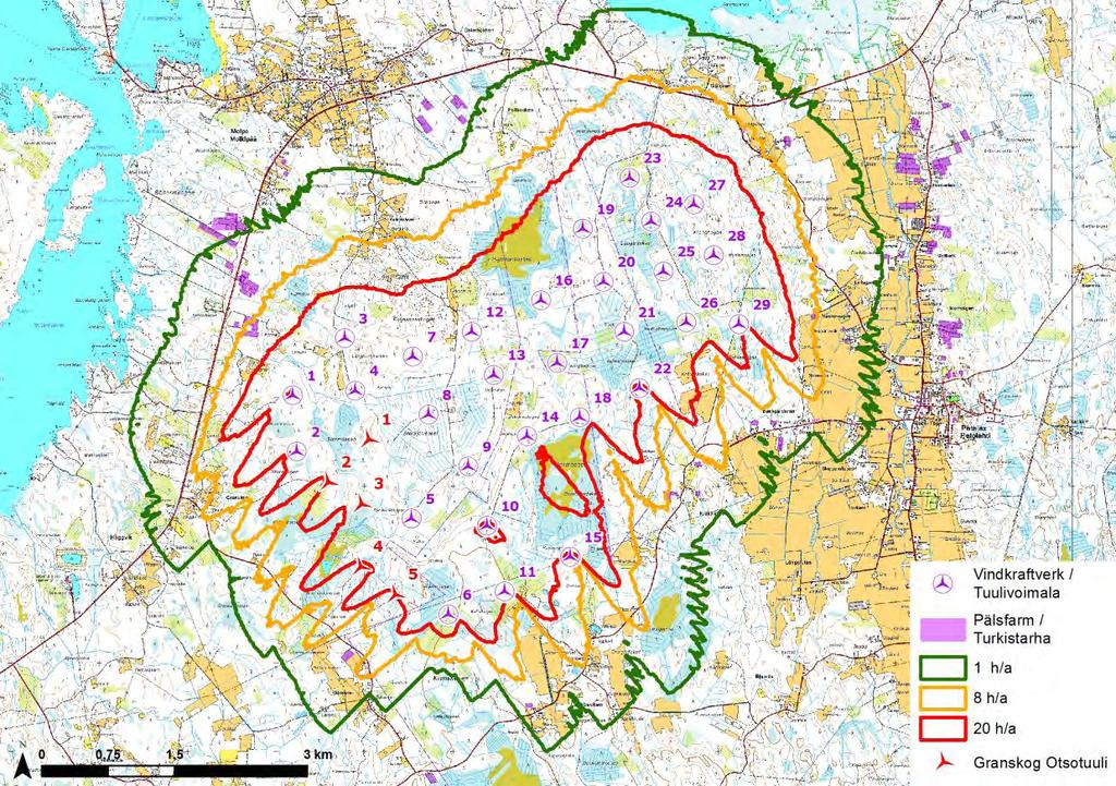 FCG DESIGN OCH PLANERING AB MILJÖKONSEKVENSBESKRIVNING 149 (263) Figur 18.3. Pälsfarmer som är belägna nära Molpe-Petalax vindkraftpark samt deras förhållande till skuggningsmodelleringarna.