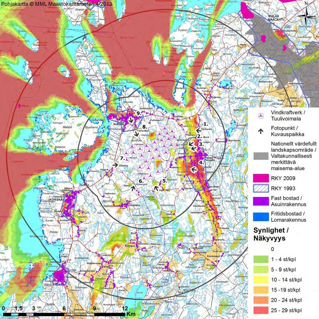 FCG DESIGN OCH PLANERING AB MILJÖKONSEKVENSBESKRIVNING 166 (263) 20.4 Vindkraftparkens konsekvenser Figur 20.5. Synlighetsanalys enligt alternativ 1.