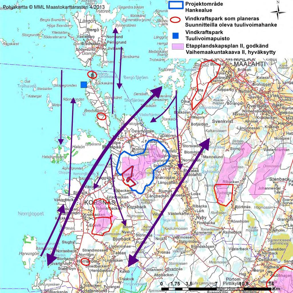 FCG DESIGN OCH PLANERING AB MILJÖKONSEKVENSBESKRIVNING 199 (263) huvudflyttrutt har sin tyngdpunkt väster om projektområdet, vilket innebär att artens flyttrutt skulle styras mer mot kusten ifall man