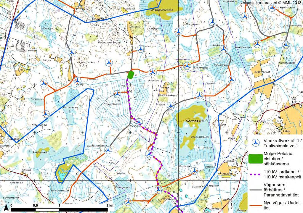 FCG DESIGN OCH PLANERING AB MILJÖKONSEKVENSBESKRIVNING 208 (263) Figur 28.1. 110 kv jordkabelrutt inom vindkraftparken enligt alt 1.