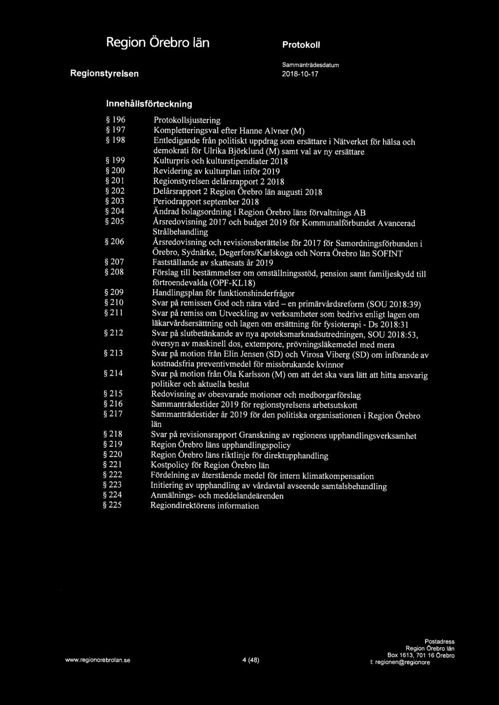 Innehållsförteckning 196 sjustering 197 Kompletteringsval efter Hanne Alvner (M) 198 Entledigande från politiskt uppdrag som ersättare i Nätverket för hälsa och demokrati för Ulrika Björklund (M)