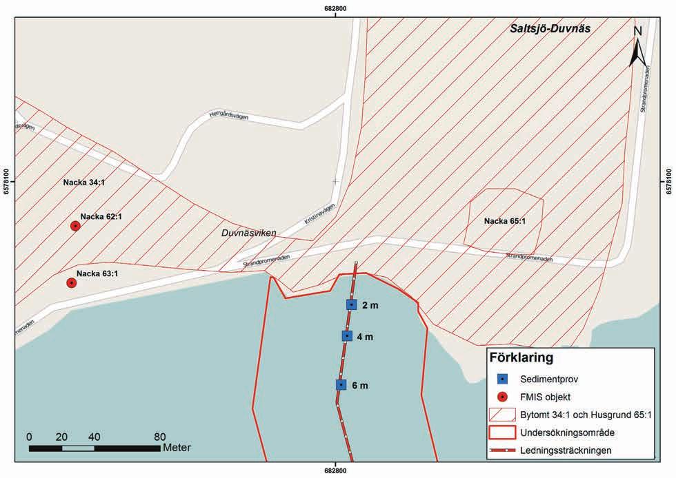 Fig. 9. Översiktskarta över norra delen av utredningsområdet med platserna för sedimentprover för miljöanalys.