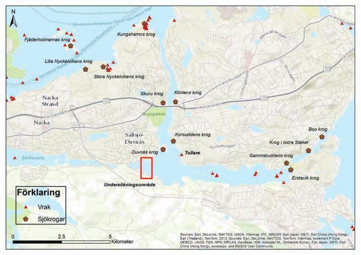 Fig. 2. Kartan visar vrak och sjökrogar längs segelleden in mot Stockholm.