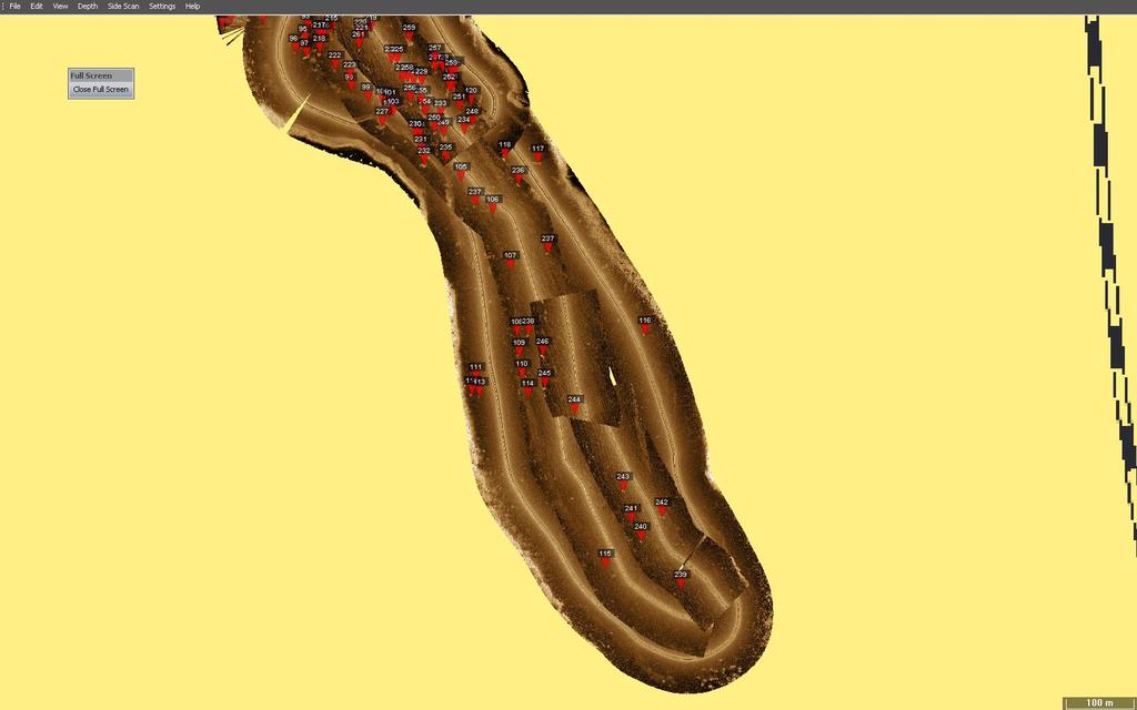 Figur 9 Identifierade objekt i den södra delen av Oxundasjön. Många av dessa har klassificerats i fyra kategorier av ökande intressegrad med ökande kategorinummer.