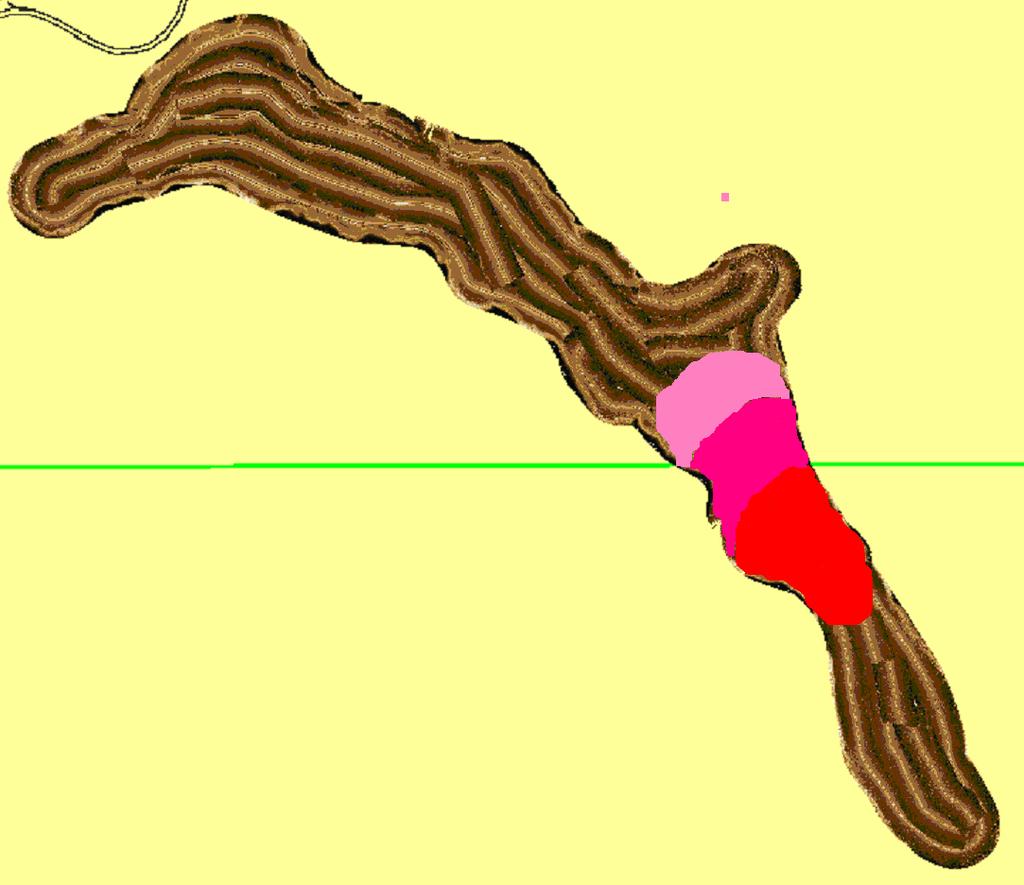 Figur 15 Utbredning av Typ 4-objekt (muddertippningsplatser) i Oxundasjön. Rödskalan indikerar tätare förekomst av tipplatser i söder och avtagande mot norr. 4.3.