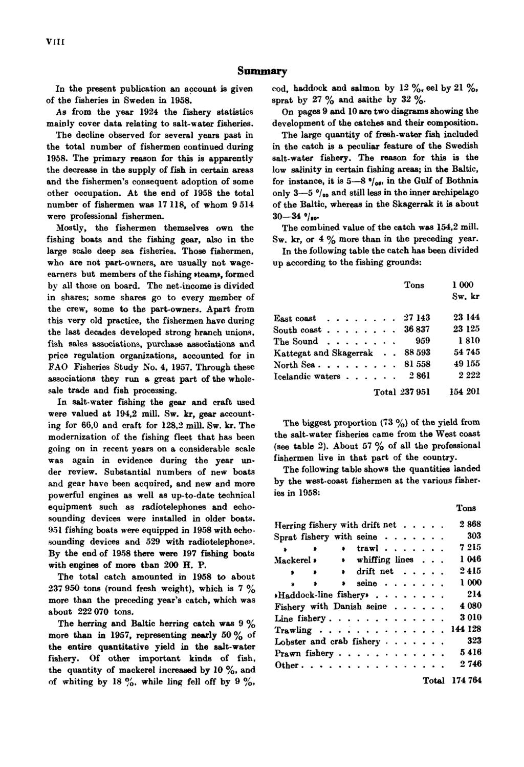 VIII In the present publication an account is given of the fisheries in Sweden in 1958. As from the year 1924 the fishery statistics mainly cover data relating to salt-water fisheries.