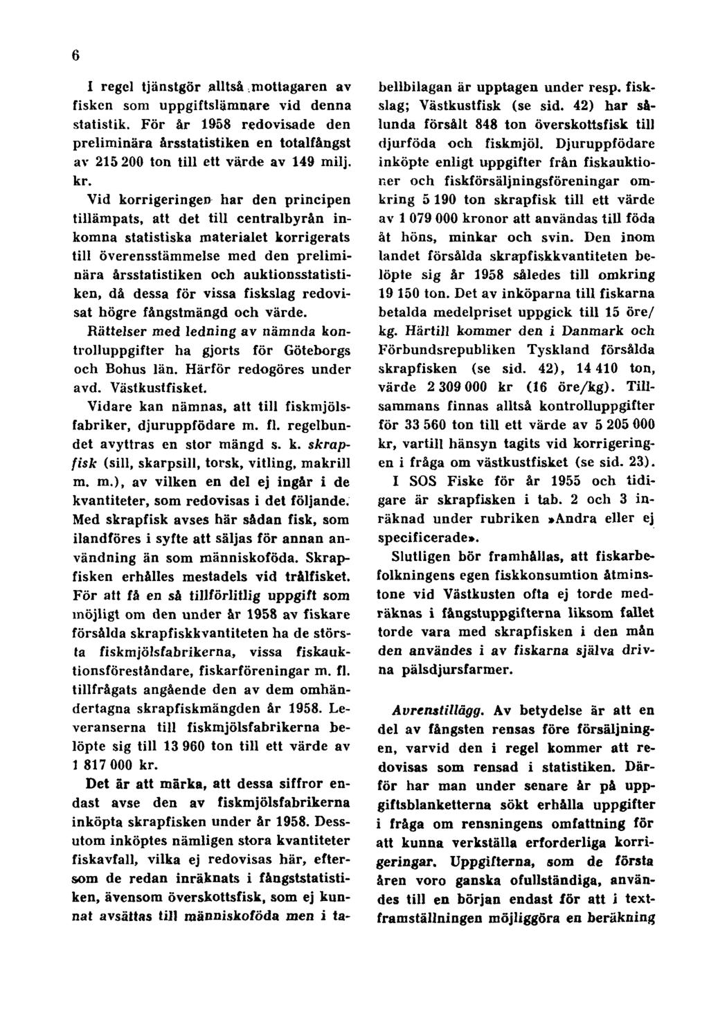 6 I regel tjänstgör alltså mottagaren av fisken som uppgiftslämnare vid denna statistik. För år 1958 redovisade den preliminära årsstatistiken en totalfångst av 215 200 ton till ett värde av 149 milj.