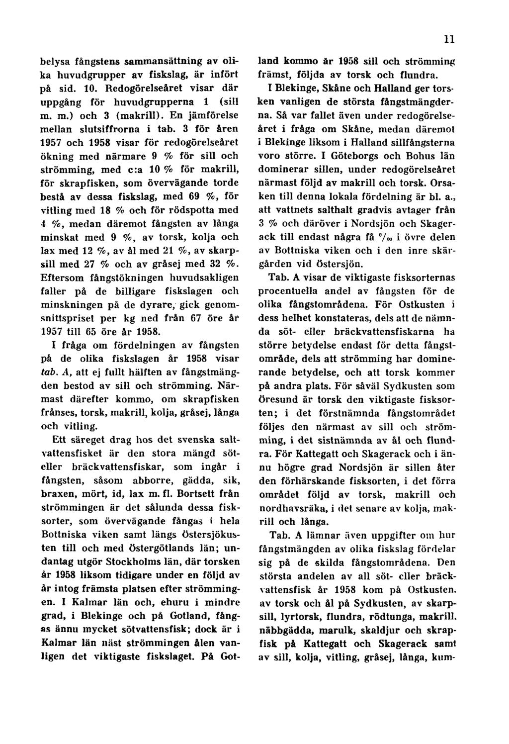 11 belysa fångstens sammansättning av olika huvudgrupper av fiskslag, är infört på sid. 10. Redogörelseåret visar där uppgång för huvudgrupperna 1 (sill m. m.) och 3 (makrill).