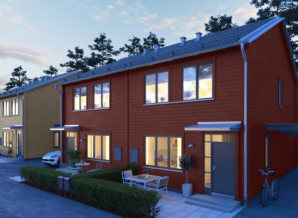 VACKRA HUS I SKÖN MILJÖ Brf Tallhöjden består av totalt 16 parhus på 105 kvm. Husen har liggande träpanel i en varm beige eller röd kulör som smälter fint in i den omgivande miljön.