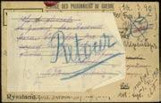 Sent from the German help committe in Stockholm. (All canc. on rev). P.W. censor label, so must be sent via England? Unusual. (Photo) 900:- 2036K P.O.W mail, Unusual Swedish pre-printed P.O.W. letter sent as value letter to Russia 1916 from the Swedish relief committee in Stockholm.