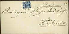REGISTRERAT brev från TJELLMO 8.1.1867, till Stockholm. Registreringsnummer 4. (Foto) 500:- 95K 9 12 öre blå. Registrerat brev från NYKÖPING 20.11.1867, till Stockholm. Registreringsavgiften på 12 öre utöver portot erlades kontant till postmästaren.