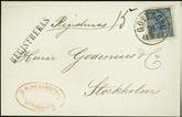 Även ett PRAKT-avtryck av Uddevallas ovanliga FRANCO-stämpel typ 3. Brevet är signerat Sjöman. (Foto) 2.500:- 97 9g 12 öre grönblå på brev stpl WESTERVIK 16.7.1861.