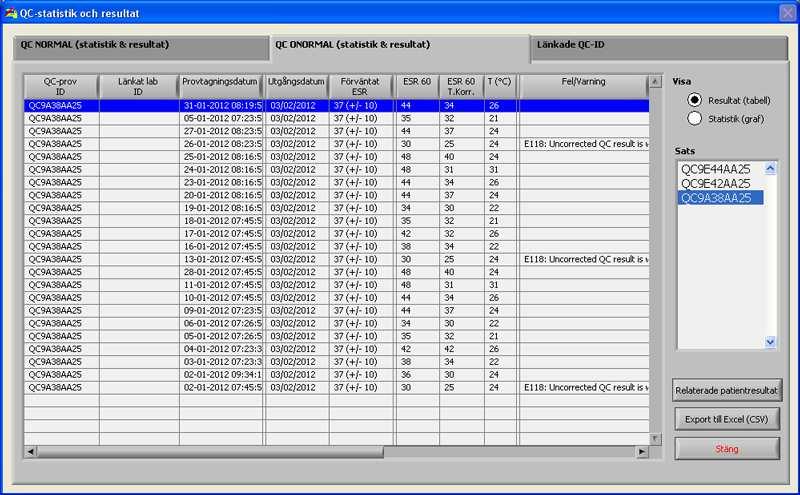 Starrsed RS programvara 5.3.5.4. QC onormala resultat (tabell) Resultaten från Starrsed Control-nivå A visas. Visa Resultat (tabell) QC-prov ID: Läs från streckkoden.