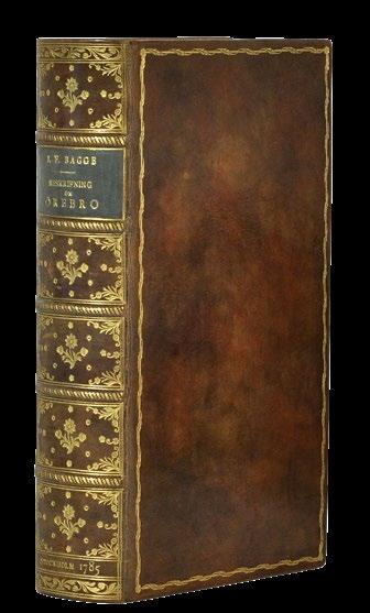 Två stiliga lackade och marmorerade mellanbruna hfrbd med breda upphöjda bind, guldornerade ryggar och mörkröda titeletiketter respektive del etiketter (Hedberg, 1927).