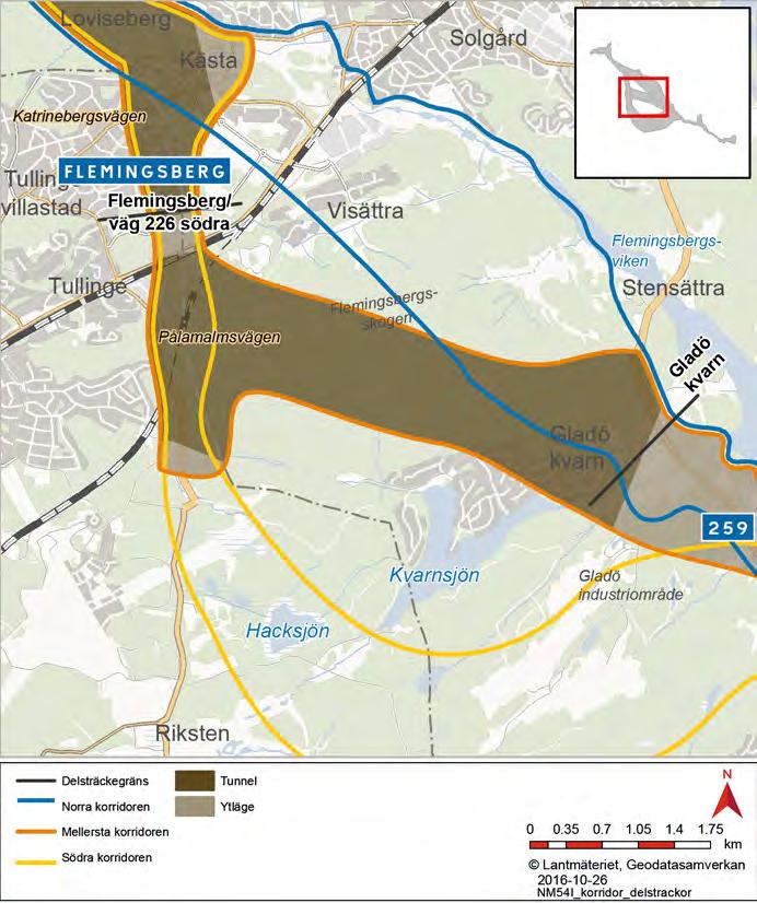 Mellersta korridoren Delsträckan går rakt igenom Flemingsbergsskogen och ansluter till en trafikplats vid Gladö kvarn.