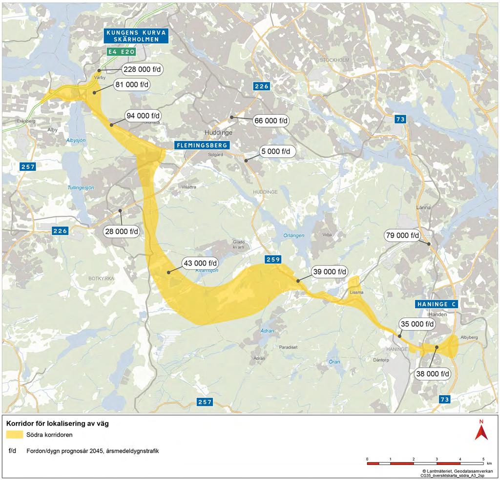 7. Påverkan på trafik och samhälle Norra korridoren är cirka 21 kilometer lång, Mellersta korridoren 22 kilometer och Södra korridoren cirka 25 kilometer.
