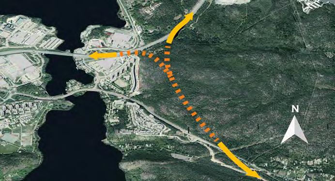 Med en delad trafikplats ansluter norrgående trafik från tvärförbindelsen till E4 och E20 via Masmo och södergående via befintlig trafikplats Fittja.