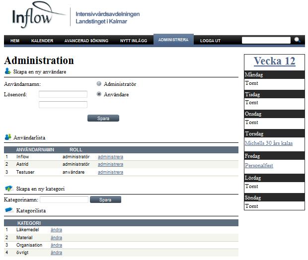 8. Vy för administrering av diverse inställningar i systemet (visas