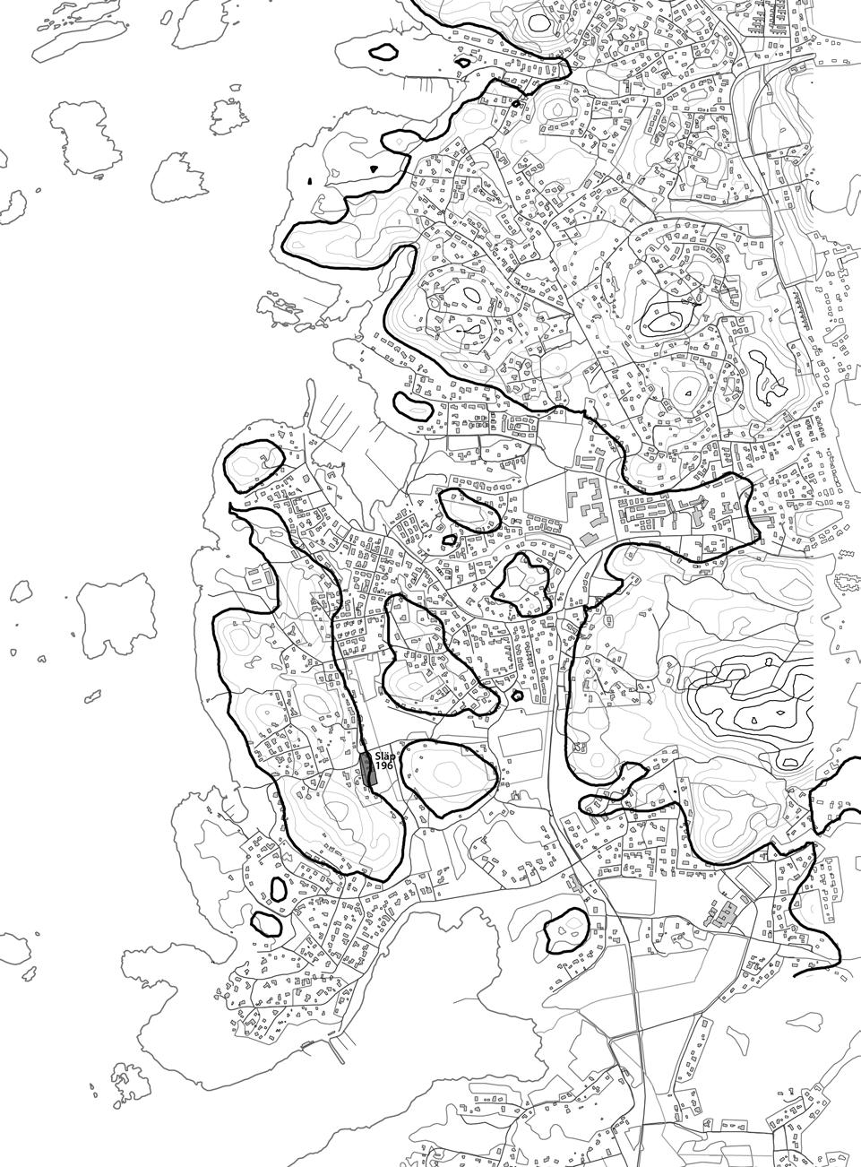 0 1000 m Fig. 7. De feta linjerna visar en havsnivå på 20 meter över havet för cirka 7000 till 9000 år sedan.