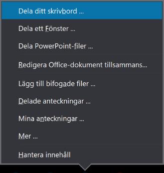 Dela ditt skrivbord med deltagarna Klicka på ikonen Dela innehåll () och välj Dela ditt skrivbord (). Klicka OK i dialogrutan ().