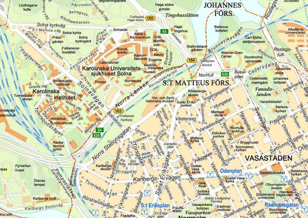 4 (22) Dp 2009-02013-54 Planområdets läge Med förlängningen av Vasastadens gatunät förenas Stockholms innerstad och Karolinska sjukhusområdet, samtidigt som stråket till Solna Centrum och övriga
