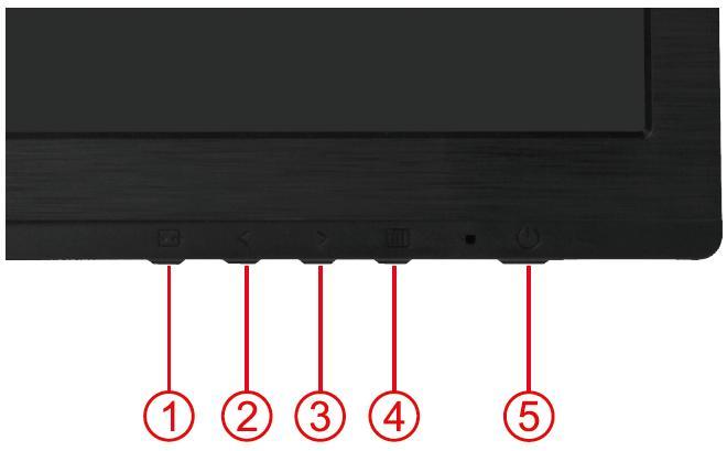 Snabbtangenter 1 Auto / Avsluta 2 Ekoläge (DCR)/ < 3 4:3 eller Wide/> 4 Meny/Gå in 5 Ström Ström Tryck in och håll kvar strömknappen för att stänga av bildskärmen.