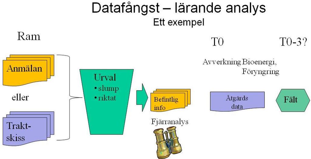 Figur 13. Översiktlig figur på datafångst för lärande analyser. T betecknar år i förhållande till avverkningen (T0). Tidpunkt för fältbesök kan variera beroende på uppföljningens inriktning.