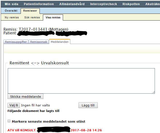 I fliken "Meddelanden" finns möjlighet för konsulten och avsändaren av remissen (allmäntandläkaren) att prata med varandra via meddelanden. I meddelandena går det även att bifoga bilagor.