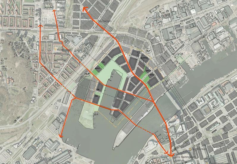 Tänkbara kopplingar mellan Frihamnen och stadskärnan framtagen i samband med planeringen av utbyggnaden av Frihamnen. 11.