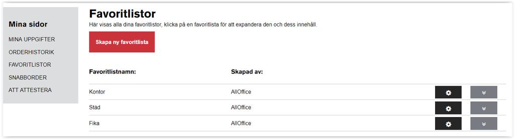 Samtliga favoritlistor visas under sidan Favoritlistor.