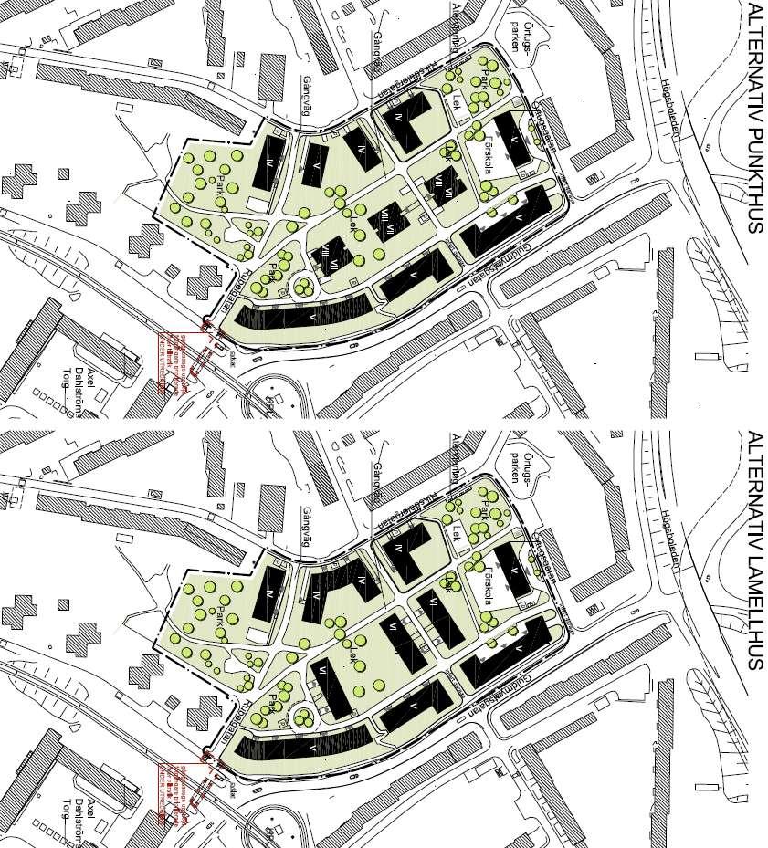 Fondmotiv, förskjutningar av husvolymerna skapar variation och småskalighet. Bilarna och parkeringsplatserna är inget tydligt inslag i stadsbilden. Högsbotorp byggdes ut innan bilismens tillväxt.