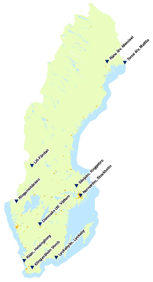 representerar typiska vattensystem som dränerar marker med varierande inslag av skog, myr, fjäll, jordbruk, tätort och enskild bebyggelse. Figur 1. Karta över de studerade vattendragsstationerna.