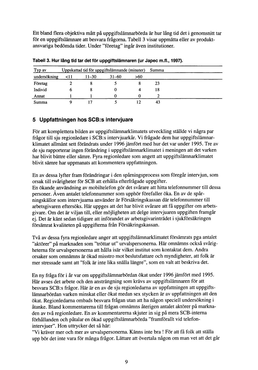 Ett bland flera objektiva mått på uppgiftslämnarbörda är hur lång tid det i genomsnitt tar för en uppgiftslämnare att besvara frågorna. Tabell 3 visar uppmätta eller av produktansvariga bedömda tider.